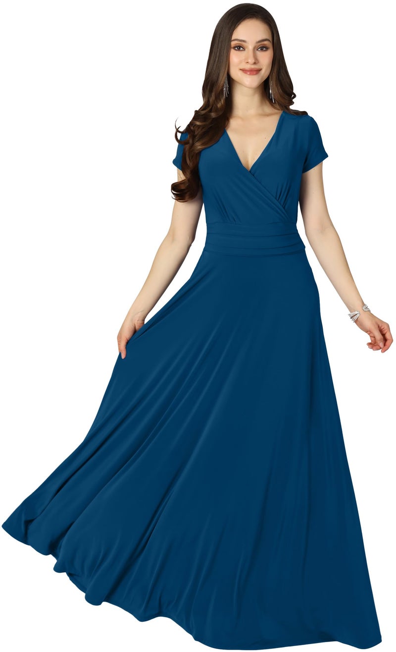 KOH KOH Plus Size Womenâ€™s Long Cap Short Sleeve Flowy Cocktail Semi Formal Prom Gala Black Tie Bridesmaid Wedding Guest Work Dressy Tall Gown Gowns Maxi Dress Dresses, Capri Blue 2XL 18-20 - Image 1